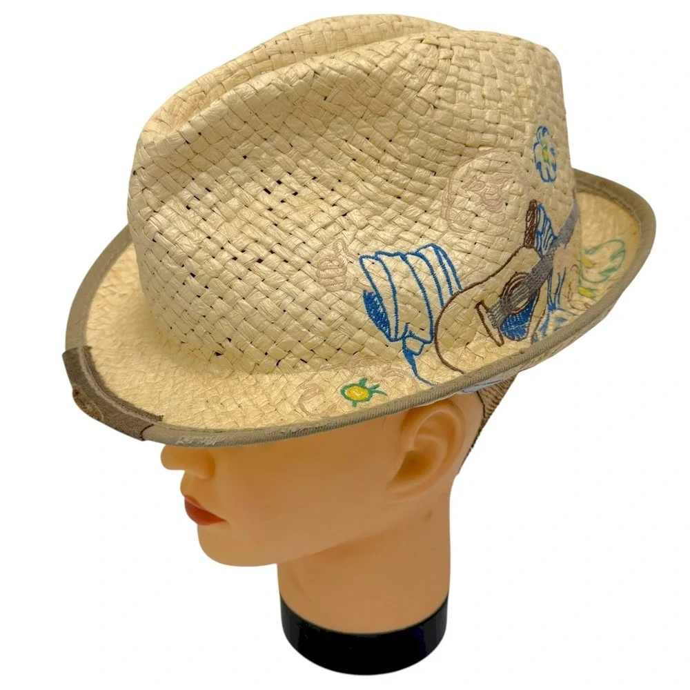 True Religion Sz L/XL 100% Paper Straw Embroidered World Tour Buddha Trilby Hat